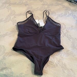 NWT  Skin body suit S  cotton Elastin stretch Grey mesh